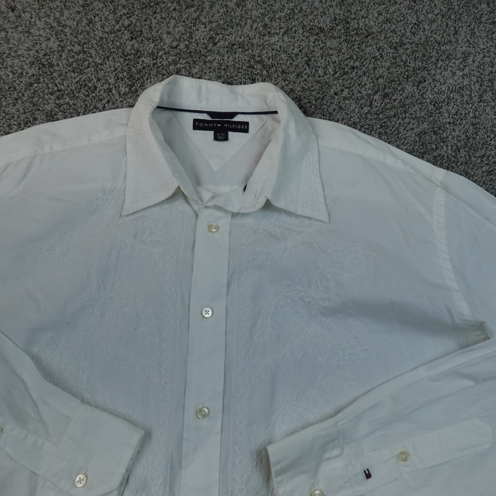 VTG Tommy Hilfiger Shirt Mens XL White Floral Jacquard Button Up Long Sleeve Y2K
